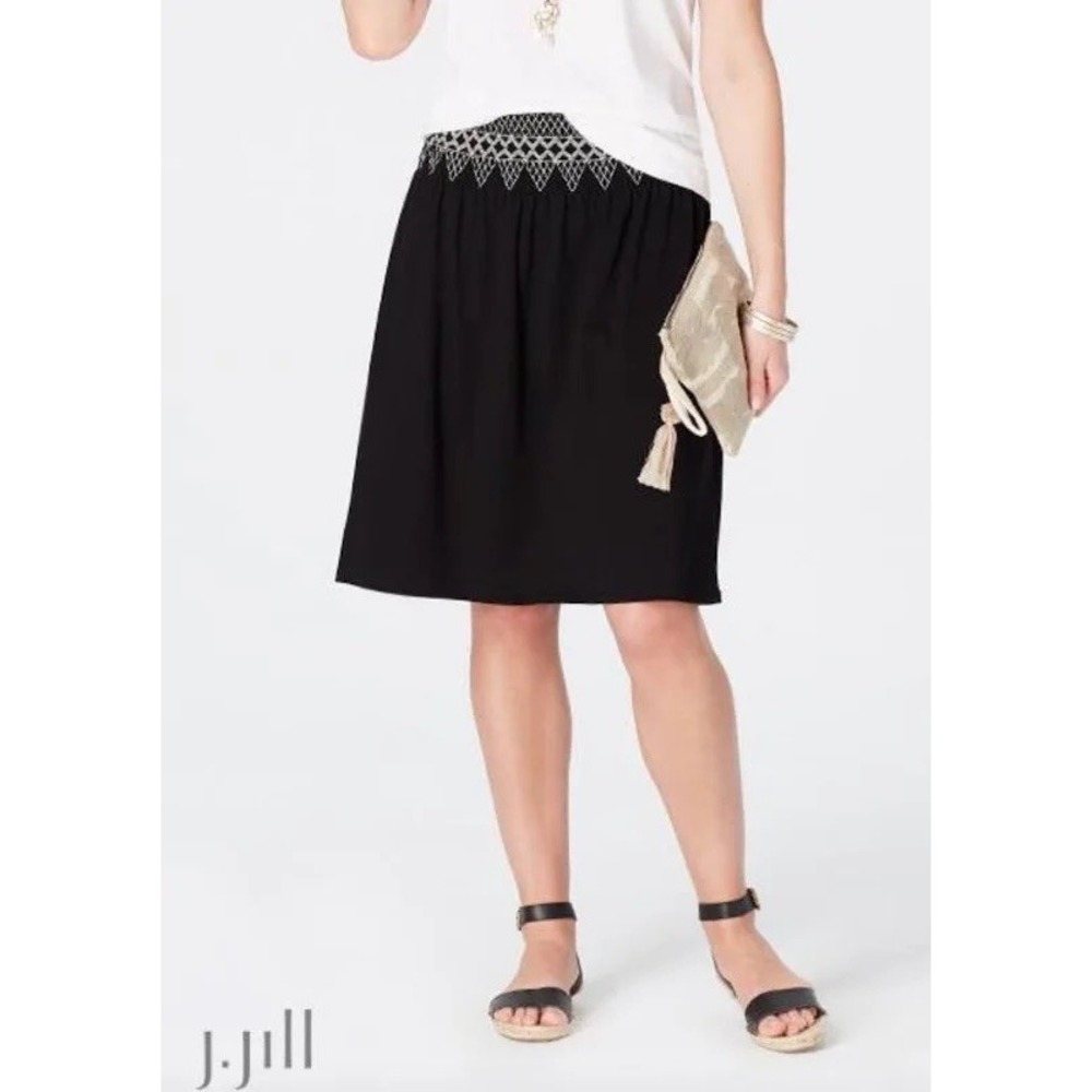 J. Jill‎ Skirt Medium Smocked Embroidered stretchy Waist A-Line Black
